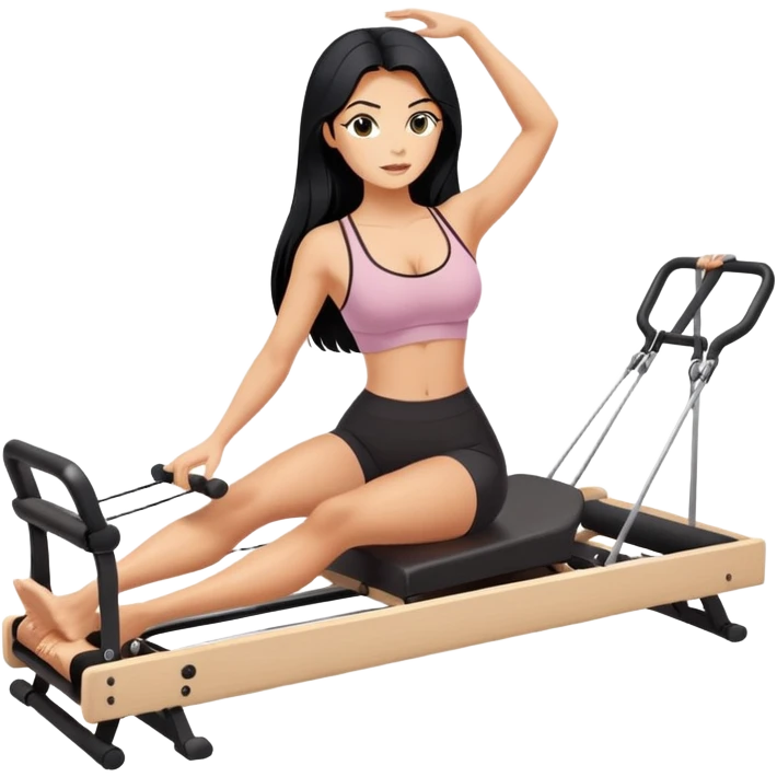 woman with bra, tanned long black hair, doing Pilates reformer  emoji