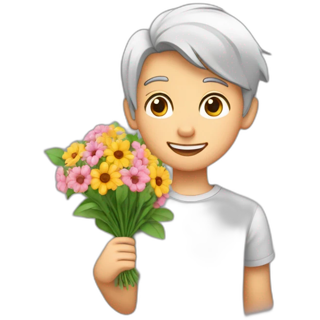 Garçon de 15 ans grand blanc au cheveux brun court qui tient kn bouquet de fleurs emoji