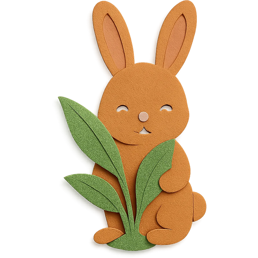 full-body cinnamon bunny peeking behind a plant, paper-craft style, ears identical in outlook emoji