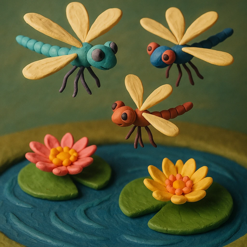 claymation style dragonfly family flying in a circle above water lilies, colorful and whimsical, soft lighting emoji