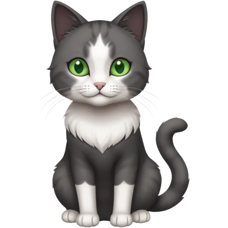 full body view of beautiful female solid dark grey cat with green eyes, white toes/paws and white patch on her chest emoji