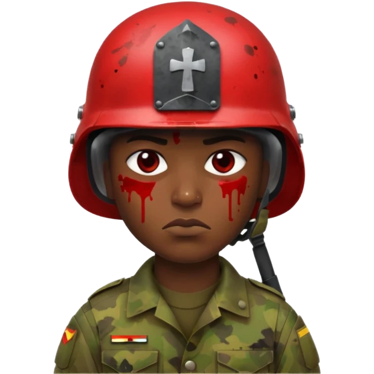 soldier with very dark Senegalese skin, scowling, blood splatter on left cheek, helmet visible, Apple 2D emoji style emoji