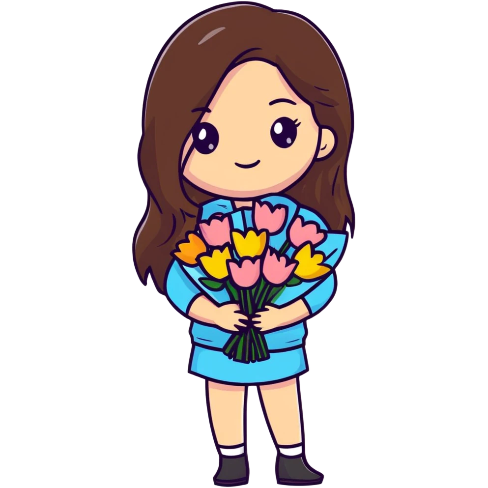 cool girl with long brown hair holding a bouquet of flowers, trendy outfit, stylish emoji