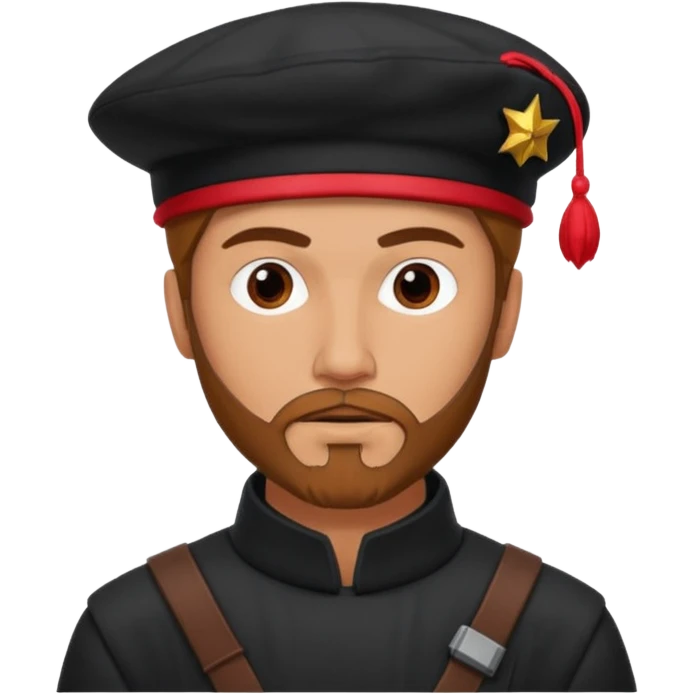 A tall guy with a red goatee. He wears a black baret dressed like a star wars smuggler  emoji