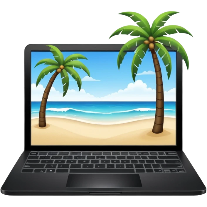 An open laptop on the beach. bildschirm ist schwarz und im hintergrund sind palmen, meer emoji
