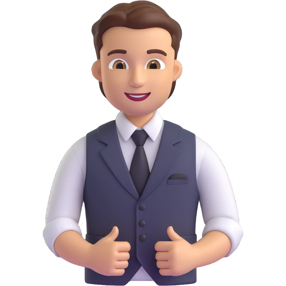 salesman emoji, vest, rolled-up sleeves, modern business attire, confident smile emoji