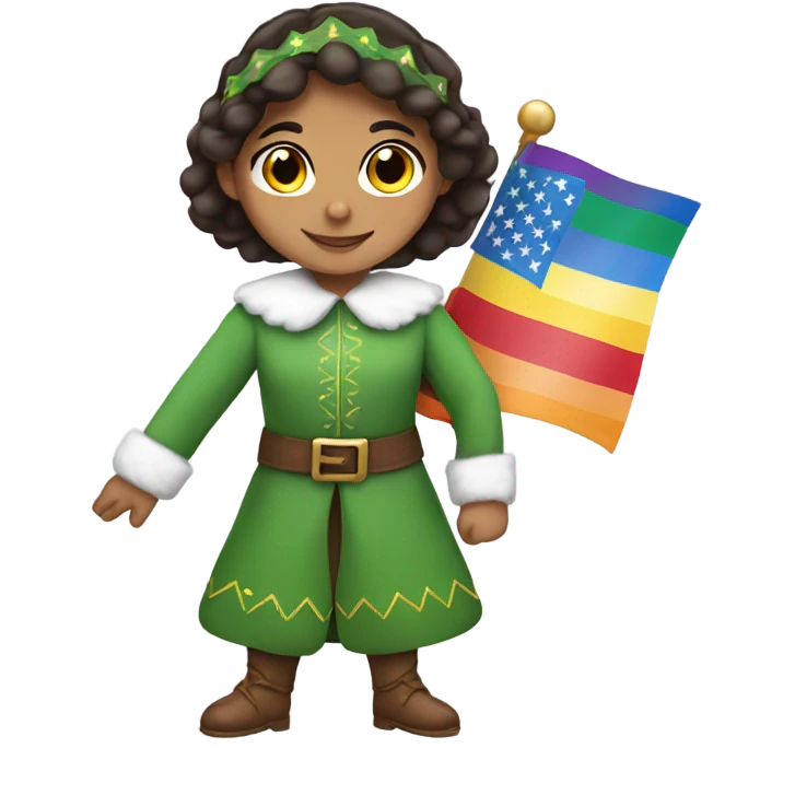 Hispanic girl in elf costume with pride flag emoji