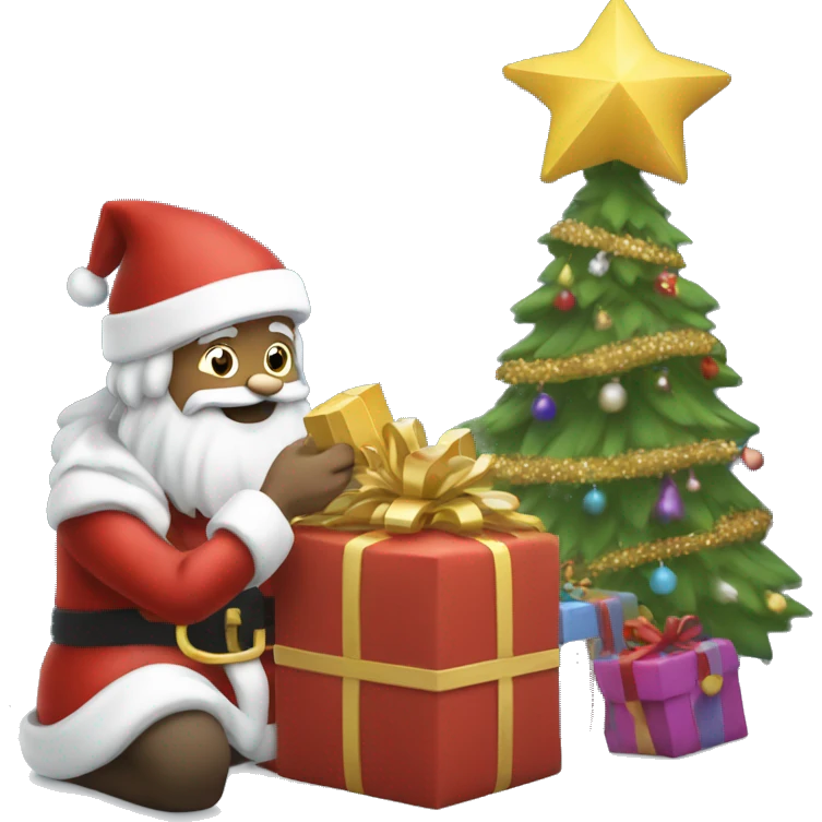 Santa putting presents under a trew emoji