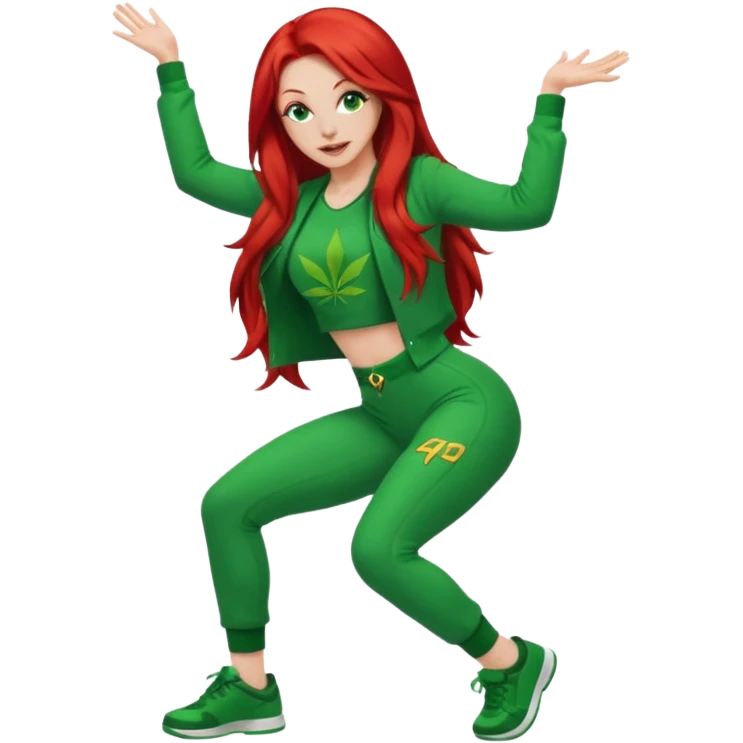 Thick white woman twerking with long red hair and green 420 outfit emoji