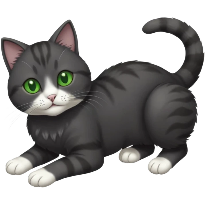 solid dark grey cat with green eyes, white toes/paws and white patch on her chest playfully rolling upside down emoji