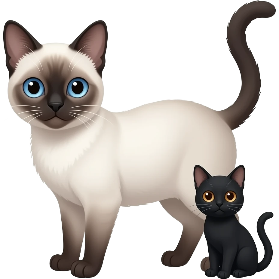 Haceme un gato blanco tipo siames con un color muy tenue en sus zonascolor de los ojos azules con un gatito negro y los ojos marrones emoji