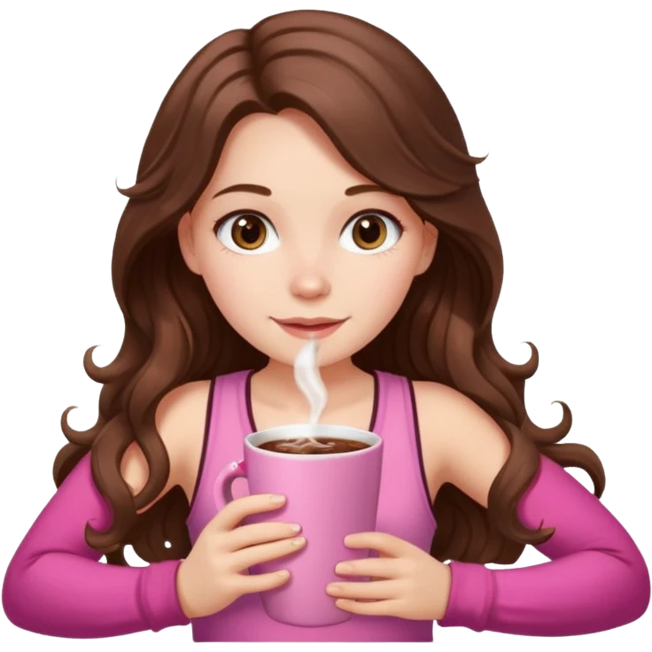 menina branca com cabelos castanhos longos ondulados com xícara rosa na frente com chocolate quente, ela usa blusa de alcinha com estampa de natal emoji
