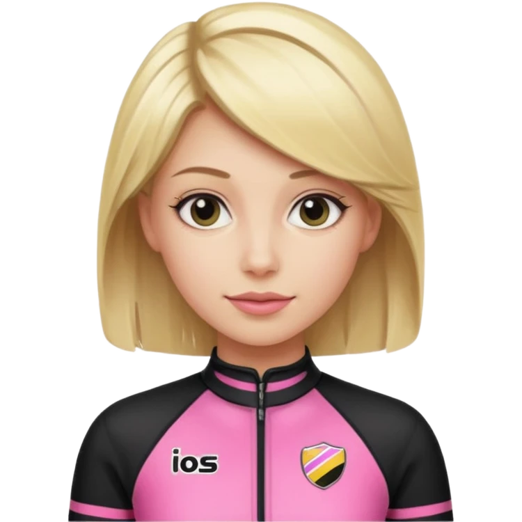 blonde woman with black racing outfit with pink strips emoji