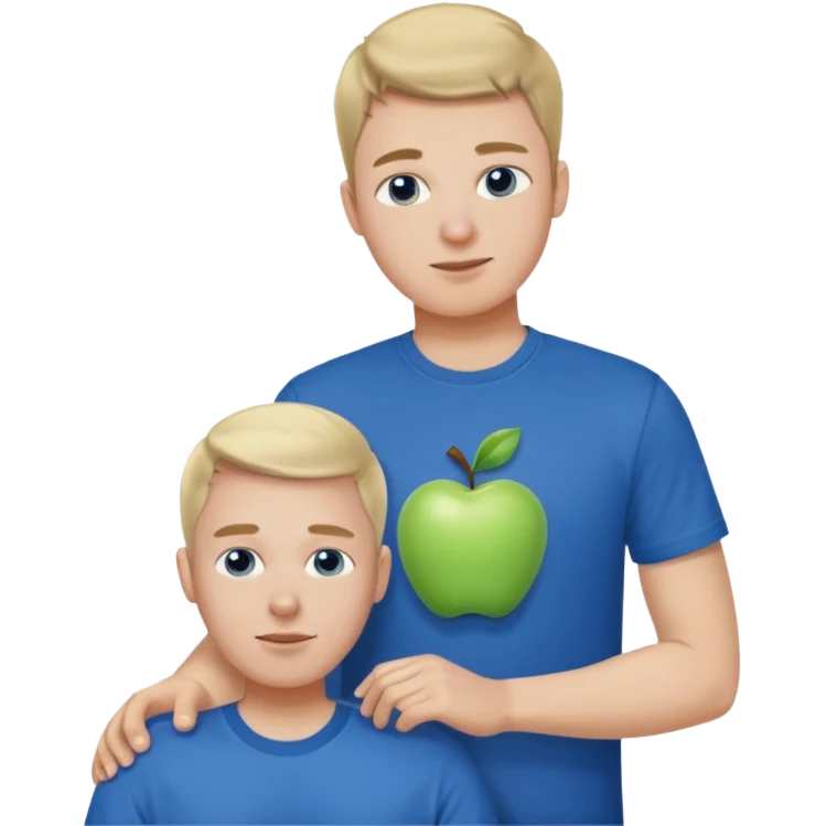 A guy in a blue Apple T-shirt, helping a disabled person who is ugly emoji