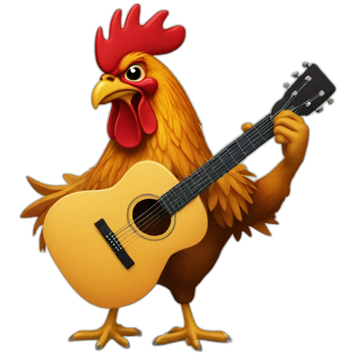 Rooster singing and playing guitar in front of a band emoji