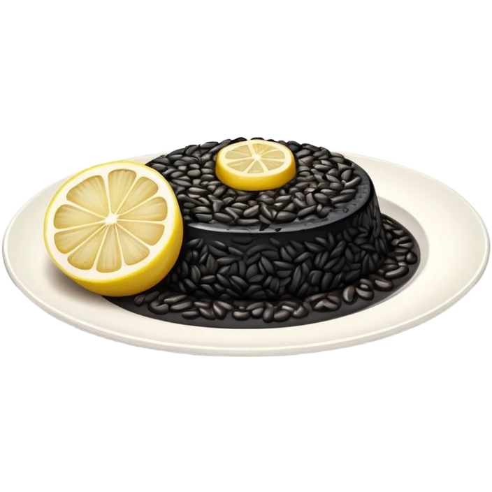cinematic-realistic-black-risotto-dish,-showcasing-dramatic-lighting in a white plate with a single slice of grilled lemon on top emoji