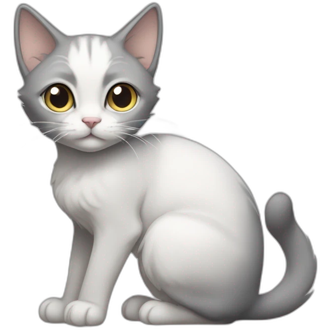 Gray white stray cat, she has pointy ears, white tummy, white right arm, gray left arm, gray back emoji