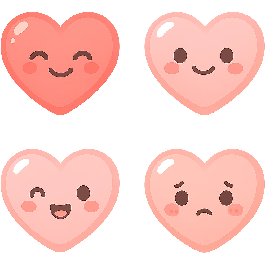 A series of illustrations heart in a kawaii emoji style, with detailed shading and highlights, thin clean outlines, soft and rounded features. Pastel color palette using  #FE655F, #F4A6A6,#FECDC9 The style is inspired by modern Japanese pop art and sticker aesthetics. Highly detailed, vector clarity, soft lighting and subtle shadows. Transparent background without background. emoji