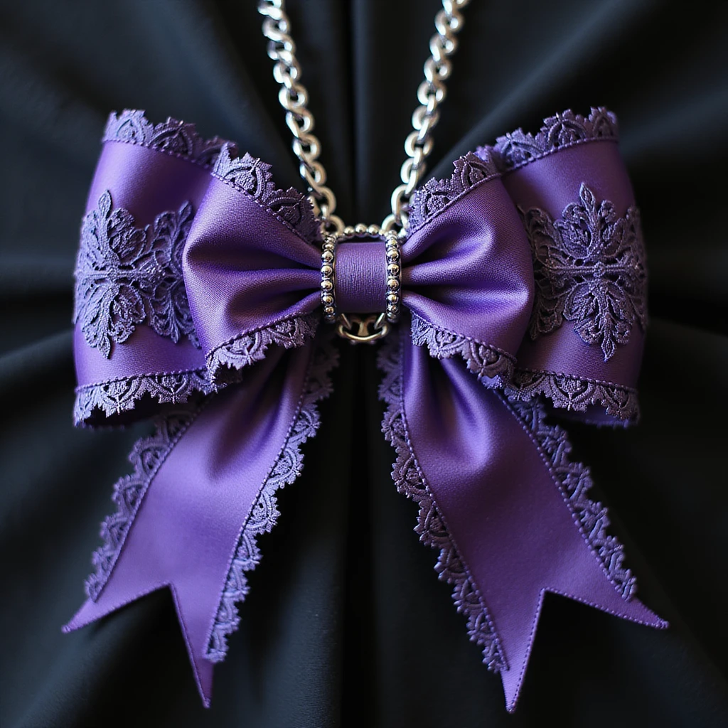 realistic purple gothic bow with lace, dramatic pointed ends, ornate silver chains, transparent background emoji
