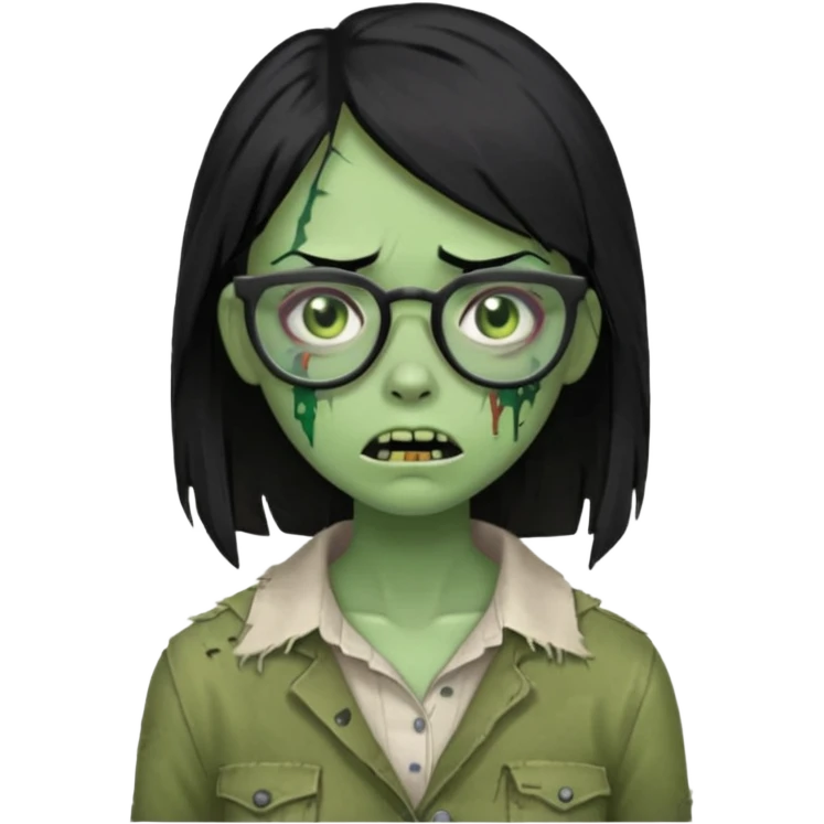 garota zumbi verde com o cabelo preto liso abaixo do ombro, que use óculos emoji