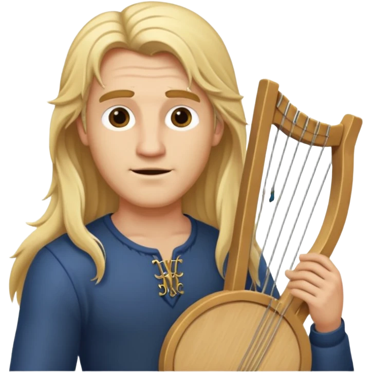 Man with long blonde hair aloof holding a lyre emoji