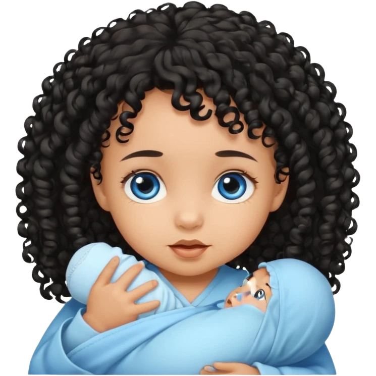 a girl tan newborn baby with black curly hair and blue eyes emoji