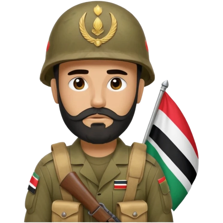 A tired and sad, swarthy Iraqi soldier with a beard, an Iraqi flag on his helmet, a sad expression and bags under his eyes emoji