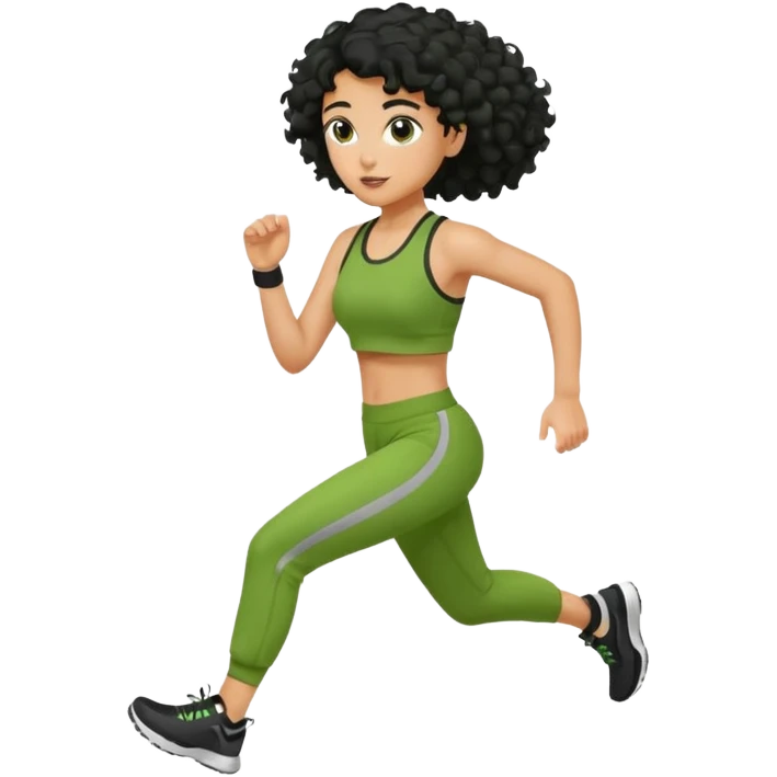 a woman with olive skin tone and curly black hair wearing green and jogging emoji