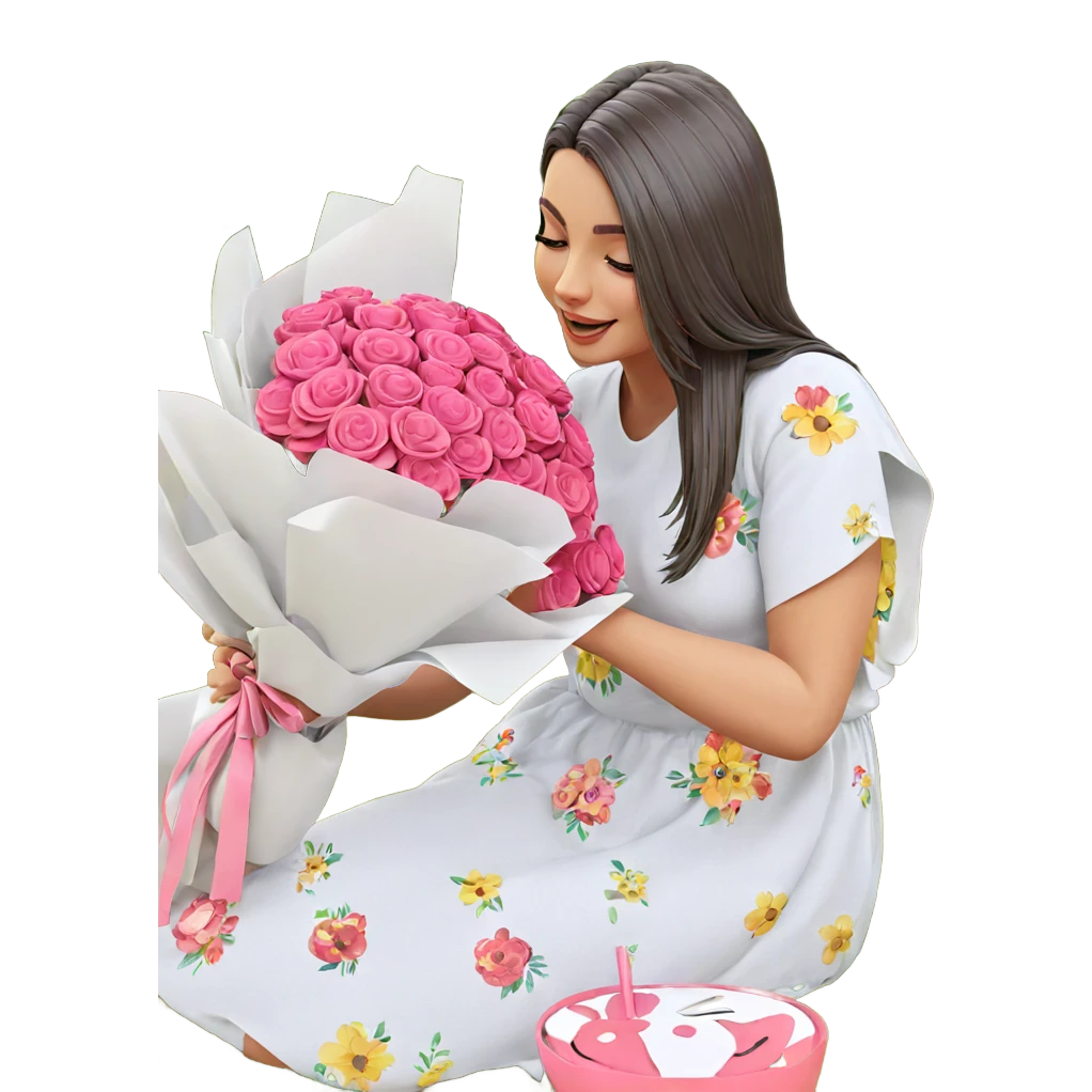 happy girl with flower bouquet emoji
