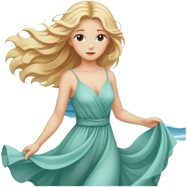 Blond Girl in a flowing dress by the ocean wind in her hair with beautiful finish. emoji