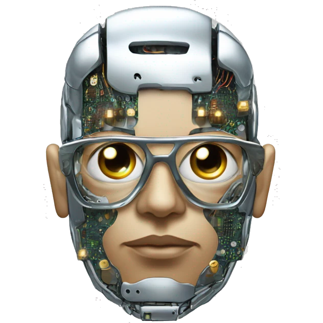 Male cyborg head with metallic plated face, flat top, glasses and circuits emoji