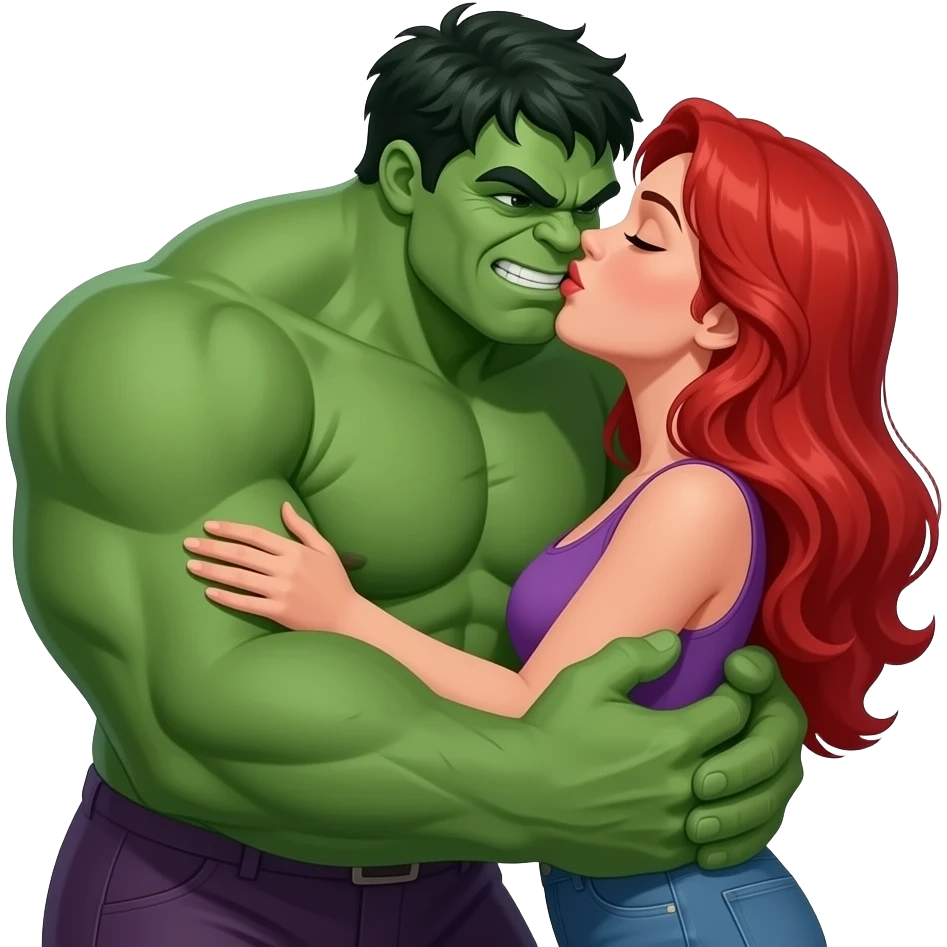 batman kissing a red haired woman, hulk hugging them both emoji