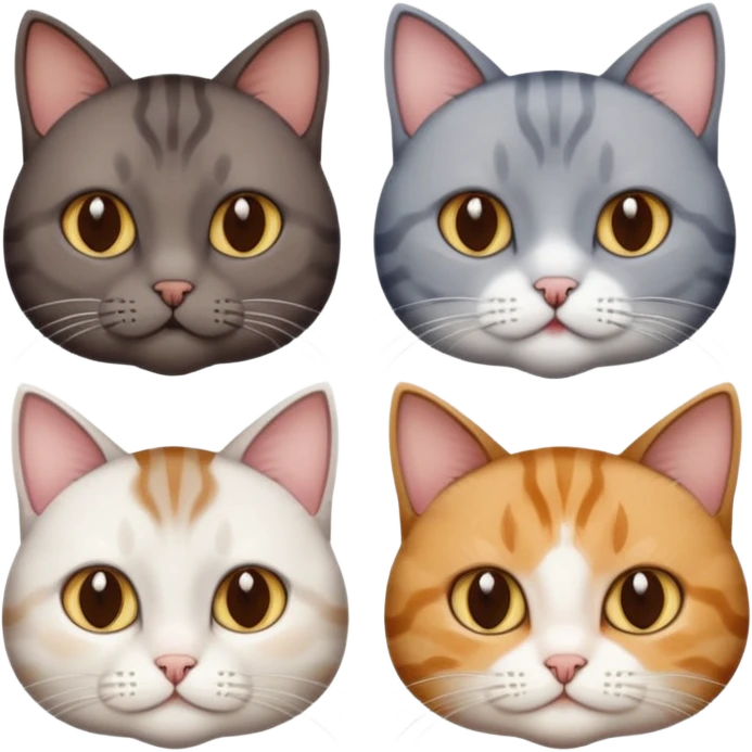 4 different coloured short haired cats including; a dark brown tabby and white cat, and a dark grey and white  emoji
