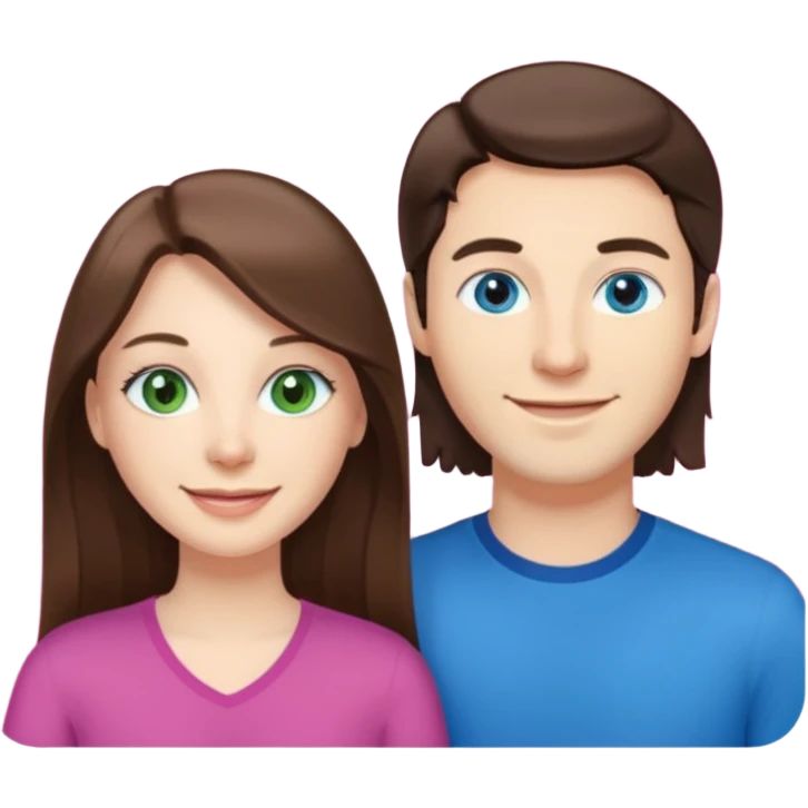 “A pink Polaroid-style photo of a couple: a white woman with long brunette hair and blue eyes, and a white man with short brunette hair and green eyes.” emoji