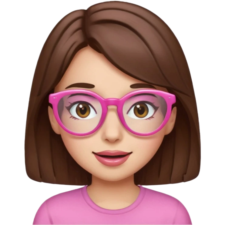 girl with medium brown hair and brown eyes, wearing pink glasses, winking emoji