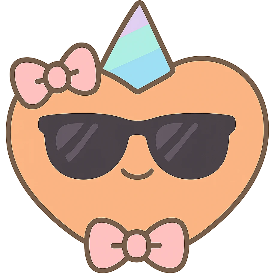 Add sunglasses, a party hat, and a bow tie to the orange heart. Keep the cute kawaii style with a smiling face and bow, with no background as in the reference image. emoji