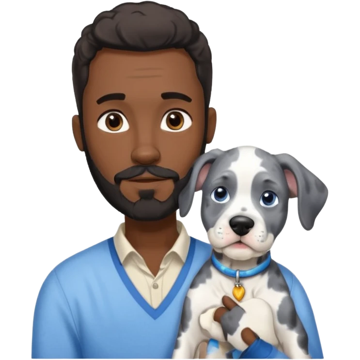 man and dog, tall bearded dark-skinned man, blue Merle Great Dane puppy emoji