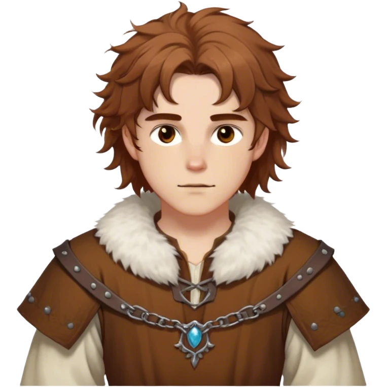 medieval spring outfit worn by a DnD themed fantasy male character. cotton tunic with sleeves rolled to the elbow, featuring a light fur-lined collar for chilly mornings. clothes only above the waist. The clothes full waist. The character's haven't arms. character is white-skinned, chestnut brown hair, amber eyes, shoulder-length messy hair. emoji