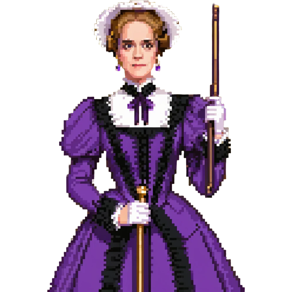 Wilhemina Venable (Sarah Paulson) in royal purple Victorian style, beautiful and luminous but terrifying, holding a gold cane emoji