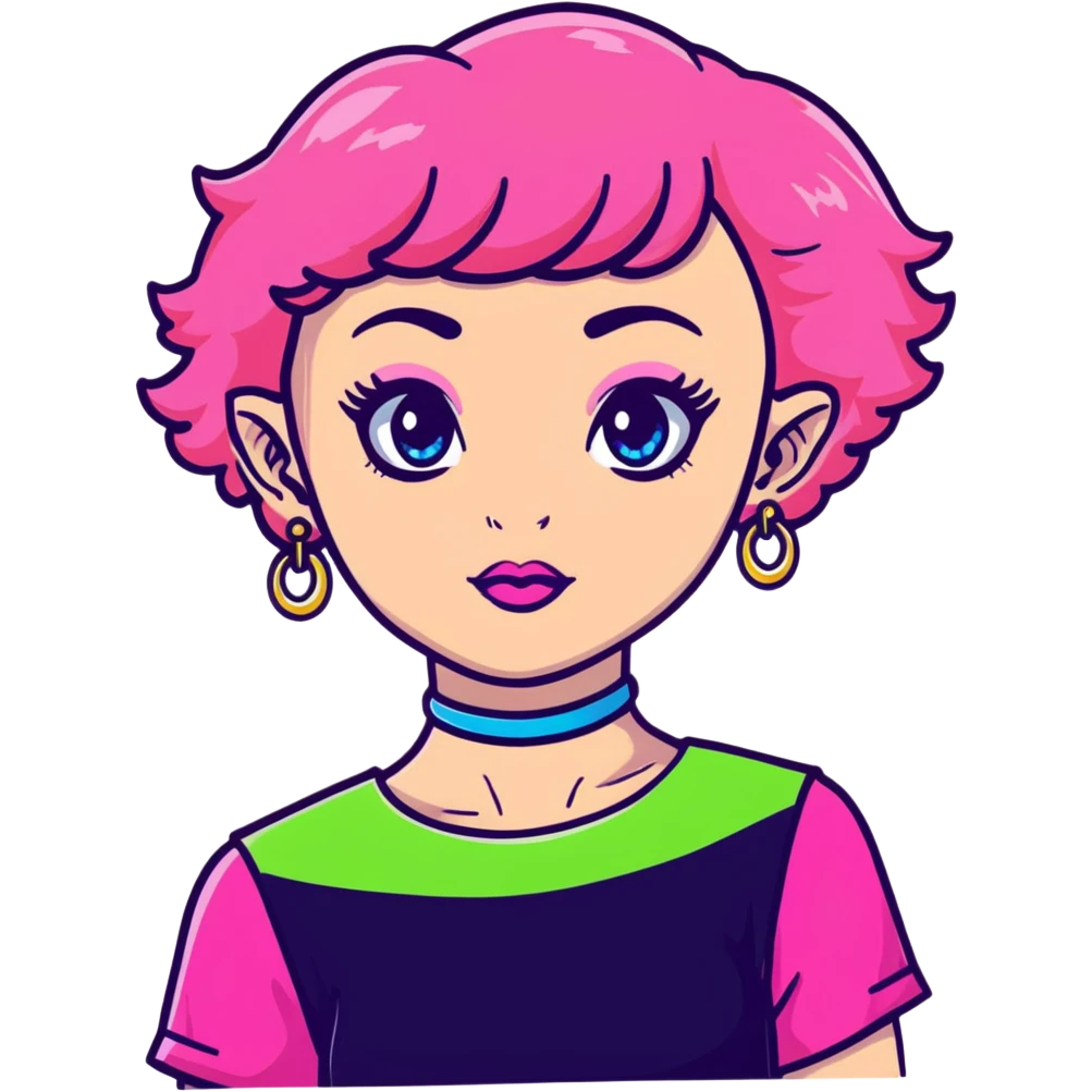 girl with blue eyes, pink makeup, narrow eyebrows, earrings, green alien head choker, black and pink blouse, curly shoulder-length hair, half hot pink half ginger, short straight baby bangs emoji
