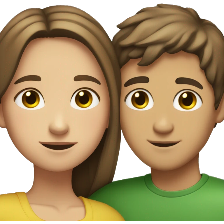 Brown haired girl with a Little bit of blond highlights with Green/yellow eyes Hugging a short Brown/black haired Guy with Brown eyes emoji