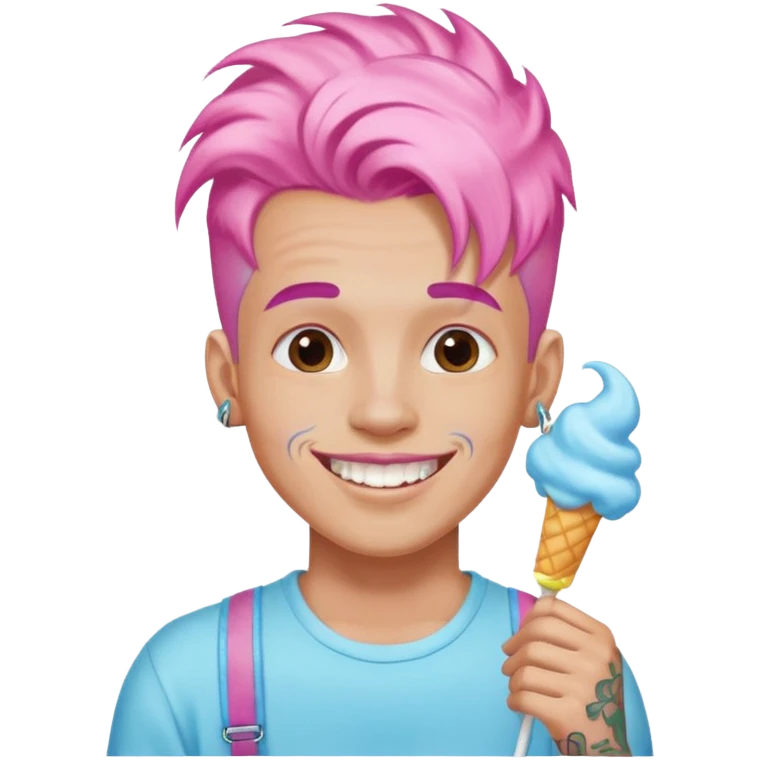 happy colorful cotton candy haired man with braces and tattoos and just face emoji