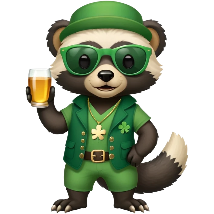 friendly anthropomorphised honey badger in a casual green-themed outfit with St. Patrick's Day accessories, wearing sunglasses emoji