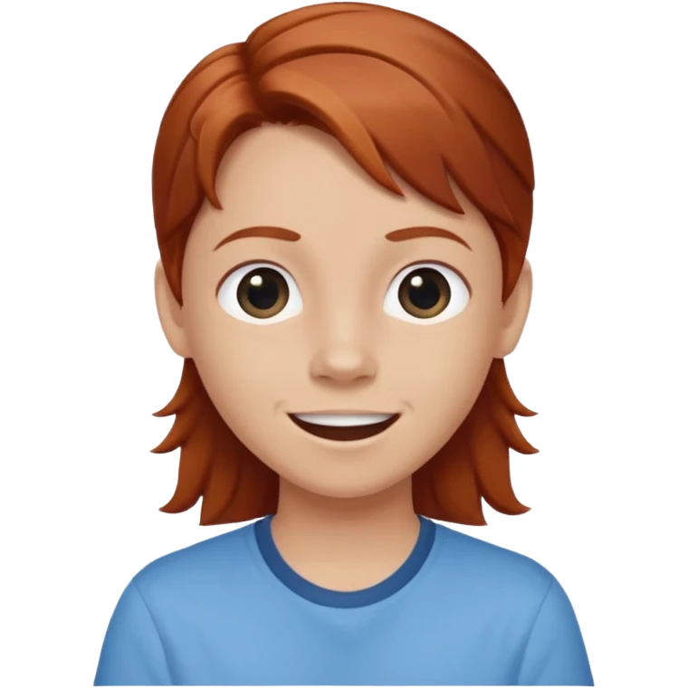 shrugging happy emoji tween long auburn hair light blue shirt with a darker blue L emoji