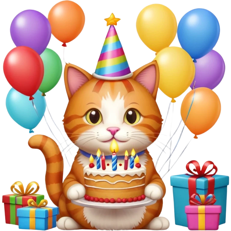 Ginger cat celebrates birthday, birthday hat, birthday cake, balloons, happy, gifts emoji