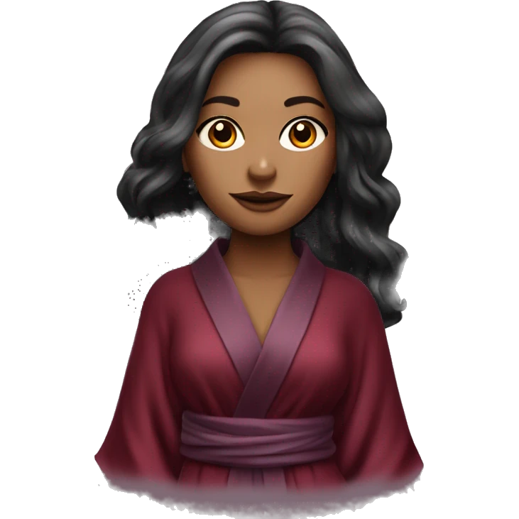 Beautiful tattooed burgundy long haired woman in silk robe emoji