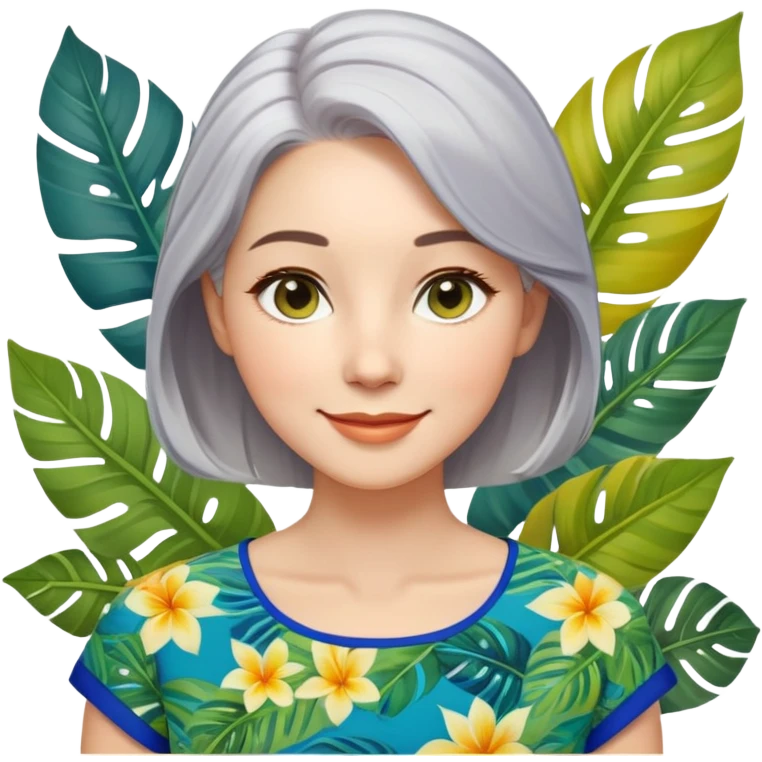 A woman with light complexion, oval face with soft rounded features, full cheeks, gentle almond-shaped eyes with subtle smile lines, silver-gray hair parted to the side, wearing a vibrant short-sleeved blouse with tropical leaf print in blue, green, and yellow, exuding warmth and joy. emoji