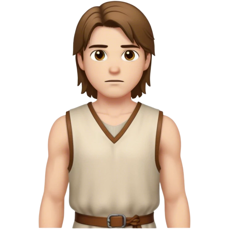 medieval summer outfit worn by a DnD themed fantasy male character. basic sleeveless wool tunic with a slit down the chest, fastened with a single leather tie. clothes only above the waist. The clothes full waist. The character's haven't arms. character is white-skinned, brown hair, hazel eyes, shoulder-length straight hair. emoji