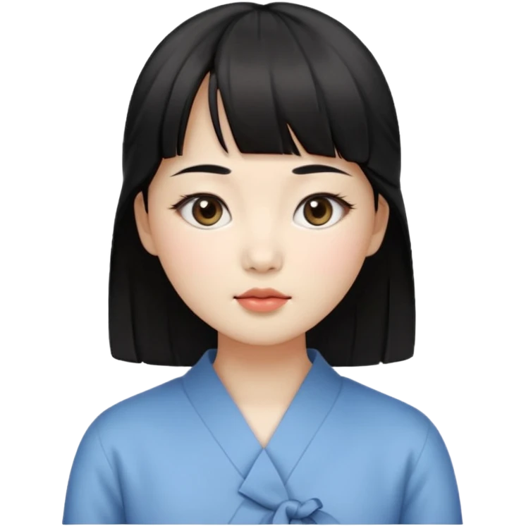 Clean Korean illustration-style emoji portrait of a young Korean woman, front-facing.
Smooth porcelain skin, soft shading, large round eyes, calm neutral expression.
Straight black bangs, black hair tied back, small nose and lips.
Round oval face, soft jawline.

 emoji