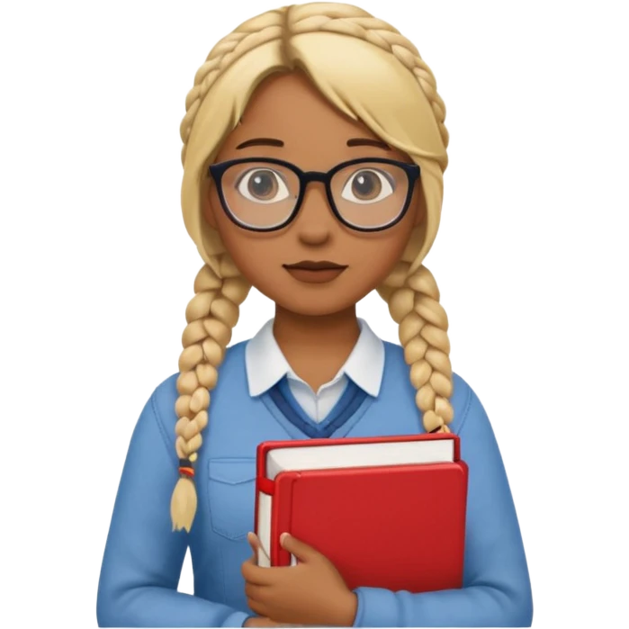 A student, girl, brown skin, braid blonde hair, wearing glasses, hold red book in front of their chest emoji